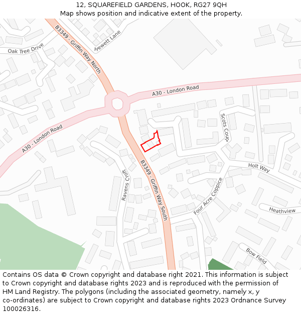 12, SQUAREFIELD GARDENS, HOOK, RG27 9QH: Location map and indicative extent of plot