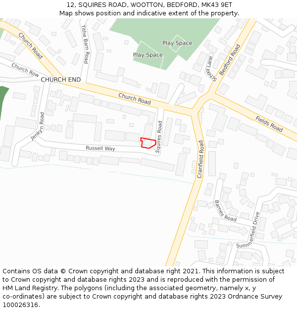 12, SQUIRES ROAD, WOOTTON, BEDFORD, MK43 9ET: Location map and indicative extent of plot