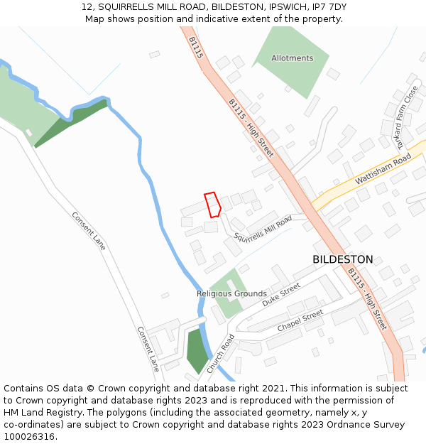 12, SQUIRRELLS MILL ROAD, BILDESTON, IPSWICH, IP7 7DY: Location map and indicative extent of plot