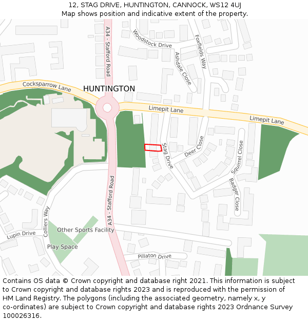 12, STAG DRIVE, HUNTINGTON, CANNOCK, WS12 4UJ: Location map and indicative extent of plot