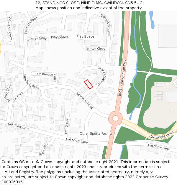 12, STANDINGS CLOSE, NINE ELMS, SWINDON, SN5 5UG: Location map and indicative extent of plot