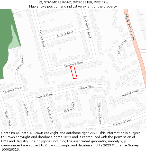 12, STANMORE ROAD, WORCESTER, WR2 4PW: Location map and indicative extent of plot