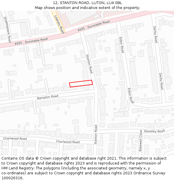 12, STANTON ROAD, LUTON, LU4 0BL: Location map and indicative extent of plot