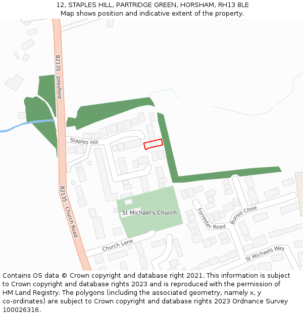 12, STAPLES HILL, PARTRIDGE GREEN, HORSHAM, RH13 8LE: Location map and indicative extent of plot