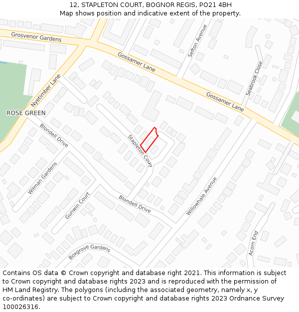 12, STAPLETON COURT, BOGNOR REGIS, PO21 4BH: Location map and indicative extent of plot