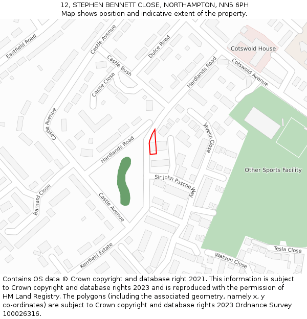 12, STEPHEN BENNETT CLOSE, NORTHAMPTON, NN5 6PH: Location map and indicative extent of plot