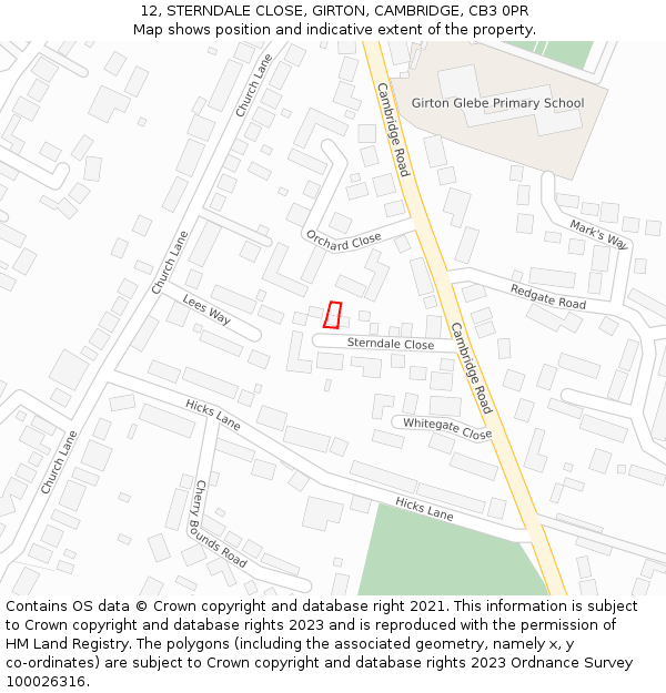 12, STERNDALE CLOSE, GIRTON, CAMBRIDGE, CB3 0PR: Location map and indicative extent of plot