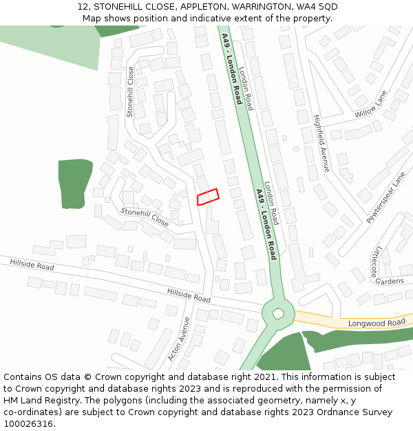 12, STONEHILL CLOSE, APPLETON, WARRINGTON, WA4 5QD: Location map and indicative extent of plot