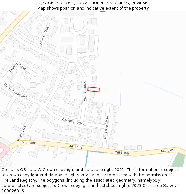 12, STONES CLOSE, HOGSTHORPE, SKEGNESS, PE24 5NZ: Location map and indicative extent of plot