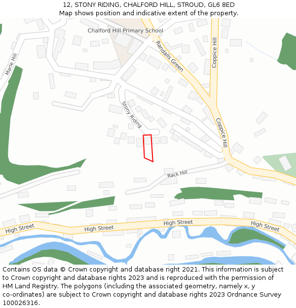 12, STONY RIDING, CHALFORD HILL, STROUD, GL6 8ED: Location map and indicative extent of plot