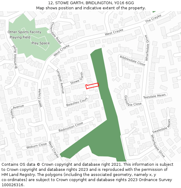 12, STOWE GARTH, BRIDLINGTON, YO16 6GG: Location map and indicative extent of plot