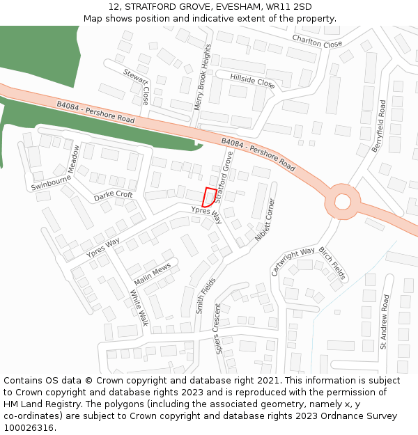 12, STRATFORD GROVE, EVESHAM, WR11 2SD: Location map and indicative extent of plot