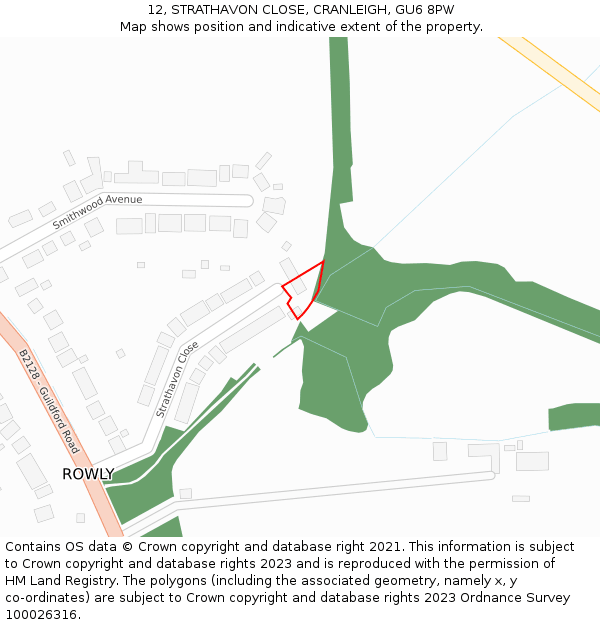 12, STRATHAVON CLOSE, CRANLEIGH, GU6 8PW: Location map and indicative extent of plot