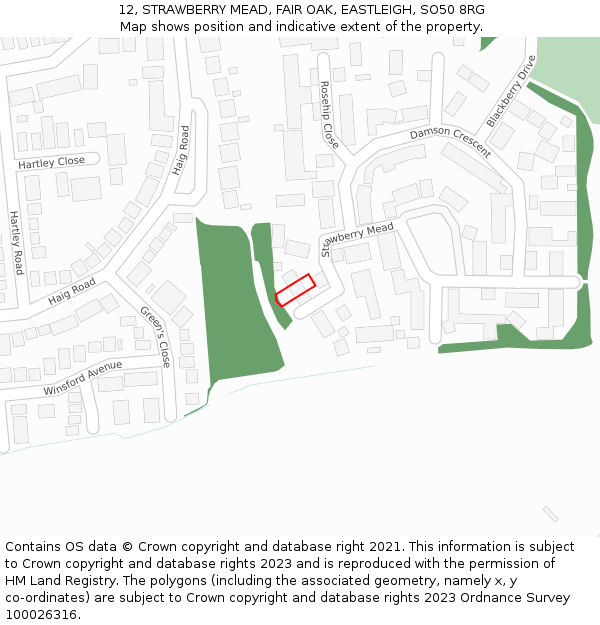 12, STRAWBERRY MEAD, FAIR OAK, EASTLEIGH, SO50 8RG: Location map and indicative extent of plot