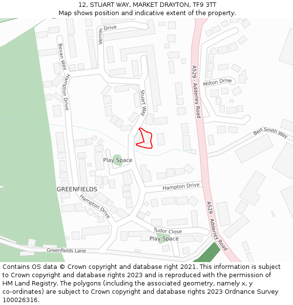 12, STUART WAY, MARKET DRAYTON, TF9 3TT: Location map and indicative extent of plot