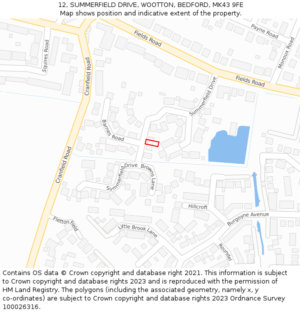 12, SUMMERFIELD DRIVE, WOOTTON, BEDFORD, MK43 9FE: Location map and indicative extent of plot