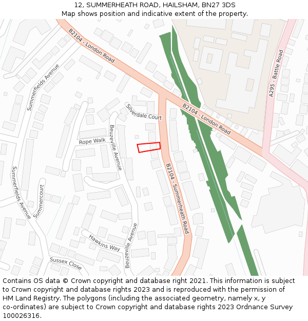 12, SUMMERHEATH ROAD, HAILSHAM, BN27 3DS: Location map and indicative extent of plot