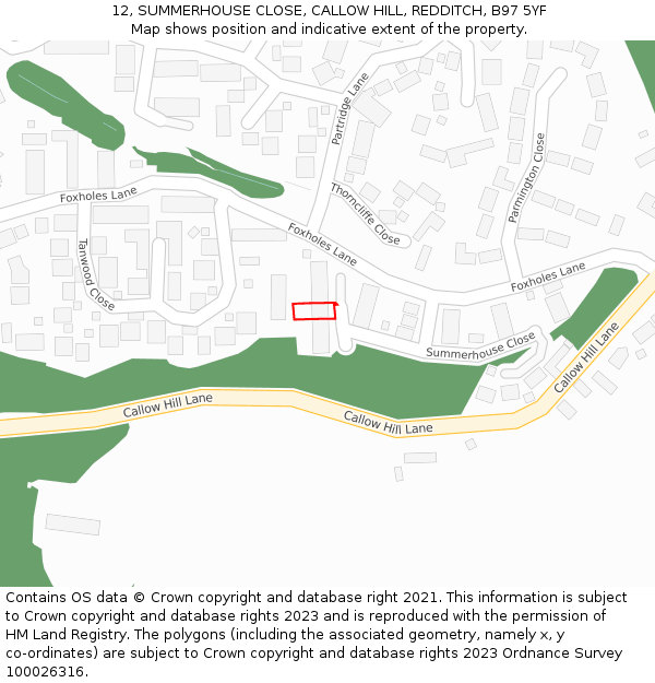 12, SUMMERHOUSE CLOSE, CALLOW HILL, REDDITCH, B97 5YF: Location map and indicative extent of plot