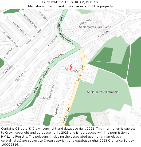 12, SUMMERVILLE, DURHAM, DH1 4QH: Location map and indicative extent of plot