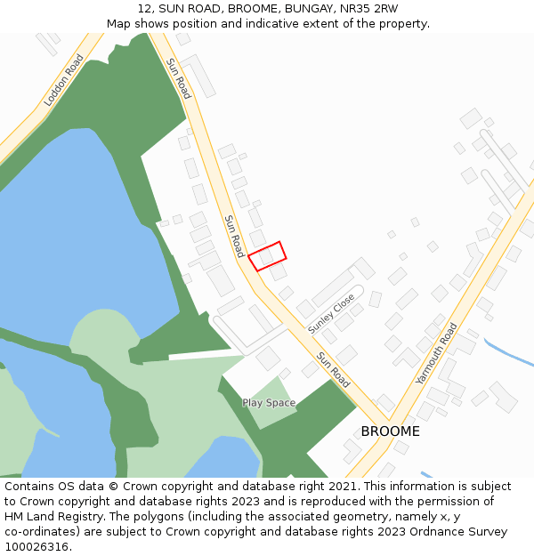 12, SUN ROAD, BROOME, BUNGAY, NR35 2RW: Location map and indicative extent of plot