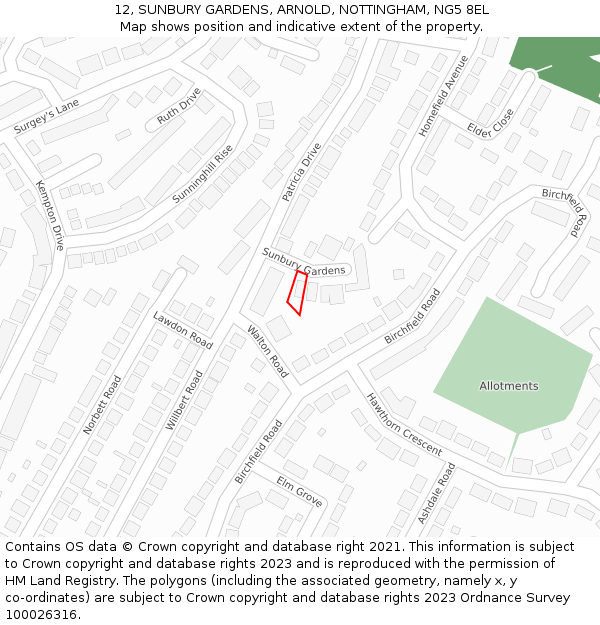 12, SUNBURY GARDENS, ARNOLD, NOTTINGHAM, NG5 8EL: Location map and indicative extent of plot