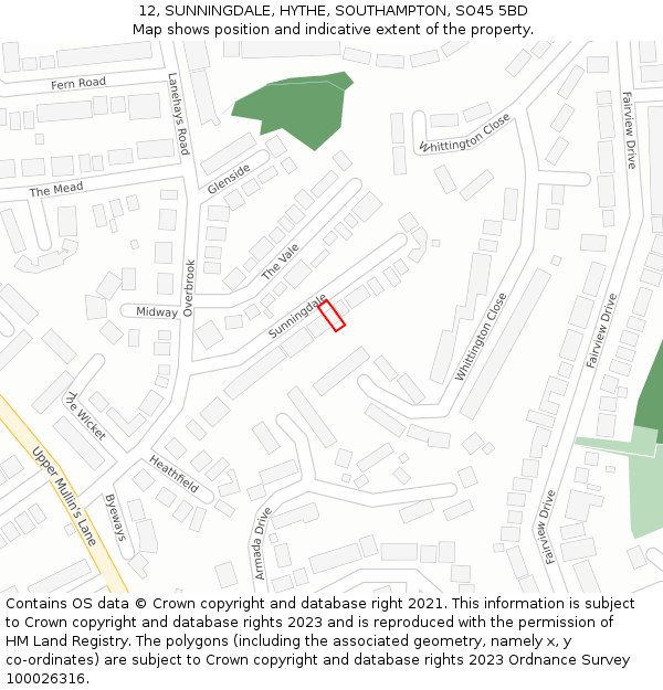 12, SUNNINGDALE, HYTHE, SOUTHAMPTON, SO45 5BD: Location map and indicative extent of plot