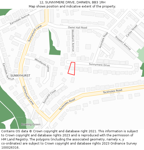 12, SUNNYMERE DRIVE, DARWEN, BB3 1RH: Location map and indicative extent of plot