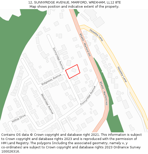 12, SUNNYRIDGE AVENUE, MARFORD, WREXHAM, LL12 8TE: Location map and indicative extent of plot