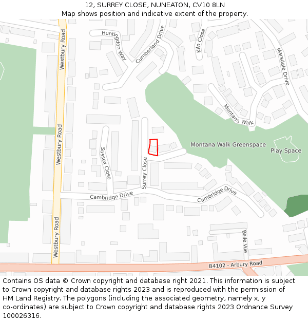 12, SURREY CLOSE, NUNEATON, CV10 8LN: Location map and indicative extent of plot