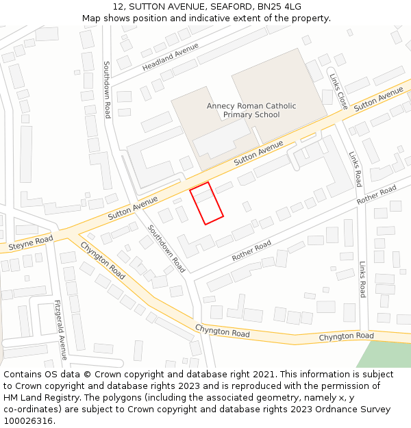 12, SUTTON AVENUE, SEAFORD, BN25 4LG: Location map and indicative extent of plot