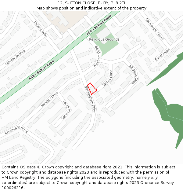 12, SUTTON CLOSE, BURY, BL8 2EL: Location map and indicative extent of plot