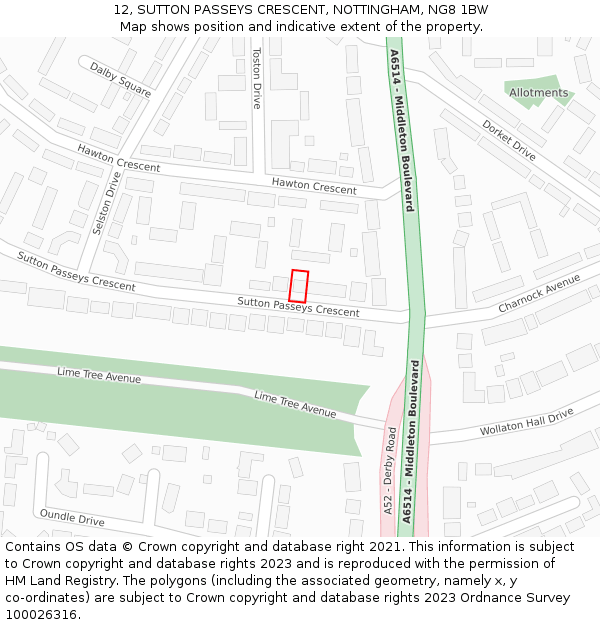 12, SUTTON PASSEYS CRESCENT, NOTTINGHAM, NG8 1BW: Location map and indicative extent of plot