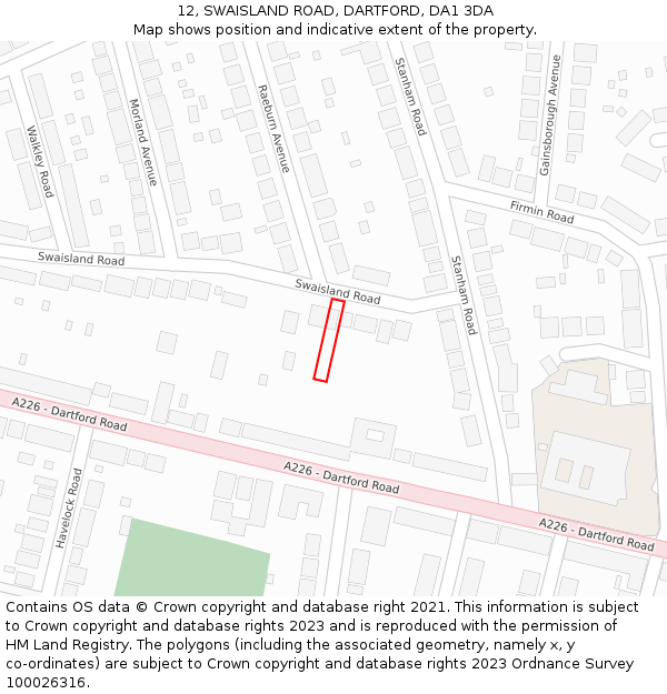 12, SWAISLAND ROAD, DARTFORD, DA1 3DA: Location map and indicative extent of plot