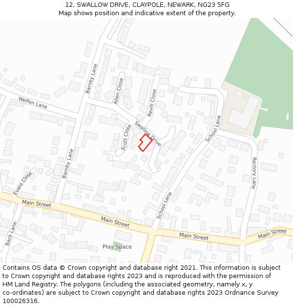 12, SWALLOW DRIVE, CLAYPOLE, NEWARK, NG23 5FG: Location map and indicative extent of plot
