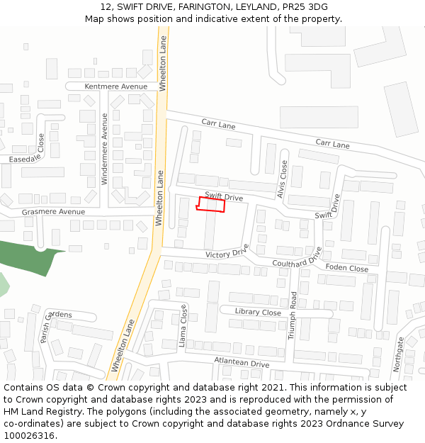 12, SWIFT DRIVE, FARINGTON, LEYLAND, PR25 3DG: Location map and indicative extent of plot