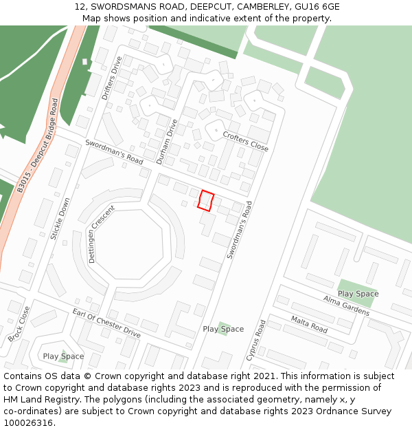 12, SWORDSMANS ROAD, DEEPCUT, CAMBERLEY, GU16 6GE: Location map and indicative extent of plot