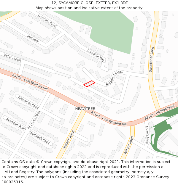 12, SYCAMORE CLOSE, EXETER, EX1 3DF: Location map and indicative extent of plot