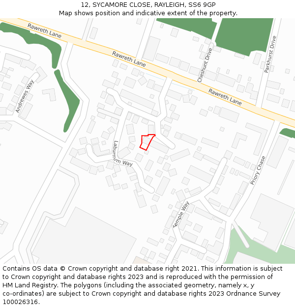12, SYCAMORE CLOSE, RAYLEIGH, SS6 9GP: Location map and indicative extent of plot