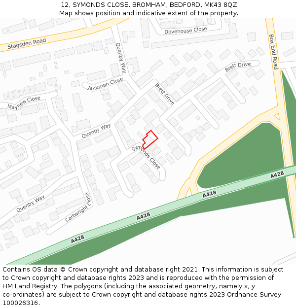 12, SYMONDS CLOSE, BROMHAM, BEDFORD, MK43 8QZ: Location map and indicative extent of plot