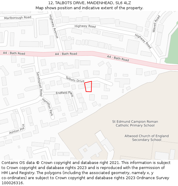 12, TALBOTS DRIVE, MAIDENHEAD, SL6 4LZ: Location map and indicative extent of plot