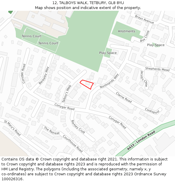 12, TALBOYS WALK, TETBURY, GL8 8YU: Location map and indicative extent of plot