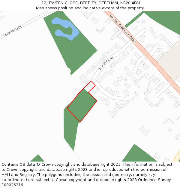 12, TAVERN CLOSE, BEETLEY, DEREHAM, NR20 4BN: Location map and indicative extent of plot