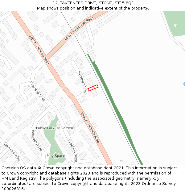 12, TAVERNERS DRIVE, STONE, ST15 8QF: Location map and indicative extent of plot
