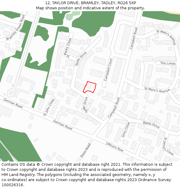 12, TAYLOR DRIVE, BRAMLEY, TADLEY, RG26 5XP: Location map and indicative extent of plot