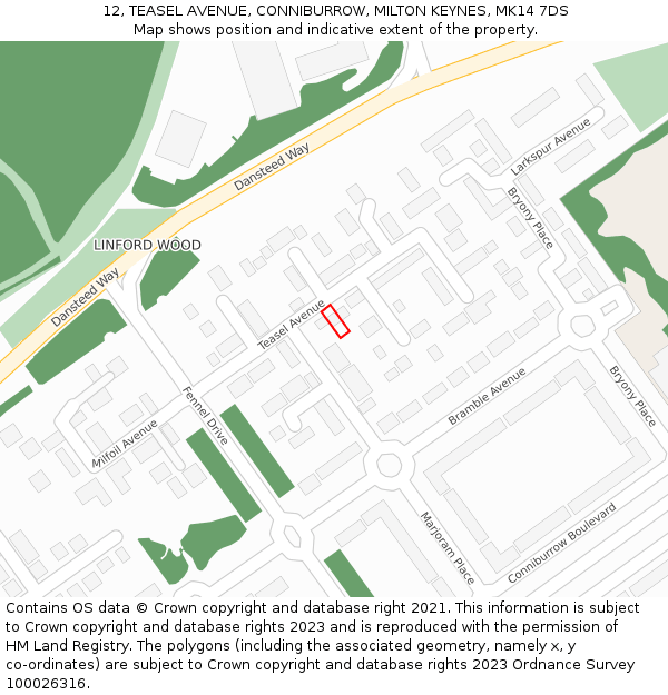 12, TEASEL AVENUE, CONNIBURROW, MILTON KEYNES, MK14 7DS: Location map and indicative extent of plot