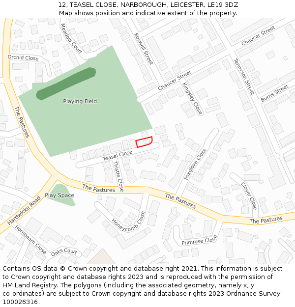 12, TEASEL CLOSE, NARBOROUGH, LEICESTER, LE19 3DZ: Location map and indicative extent of plot