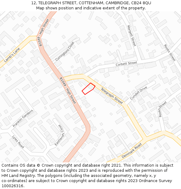 12, TELEGRAPH STREET, COTTENHAM, CAMBRIDGE, CB24 8QU: Location map and indicative extent of plot