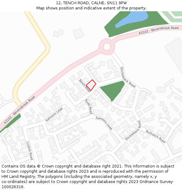 12, TENCH ROAD, CALNE, SN11 9PW: Location map and indicative extent of plot