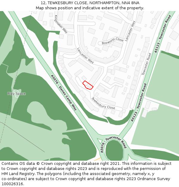 12, TEWKESBURY CLOSE, NORTHAMPTON, NN4 8NA: Location map and indicative extent of plot