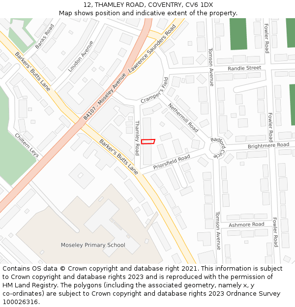 12, THAMLEY ROAD, COVENTRY, CV6 1DX: Location map and indicative extent of plot